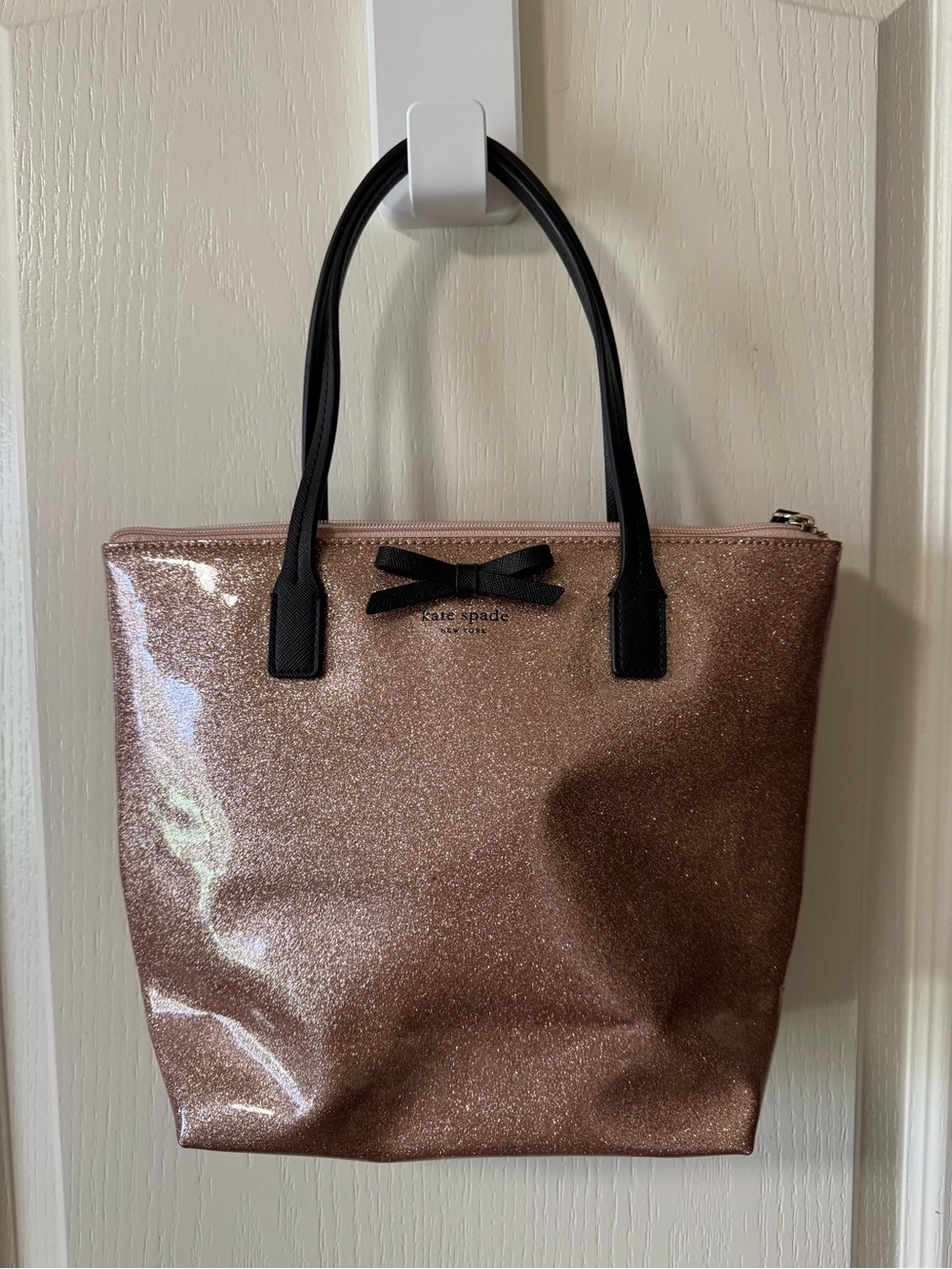 Kate Spade New York Rose Gold Glitter Tote with Black Handles
